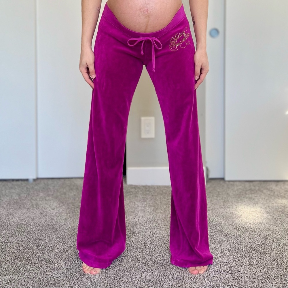 Vintage Y2K Juicy Couture Bling Velour Plush Tracksuit Pants - Size M - Magenta - Picture 1 of 8